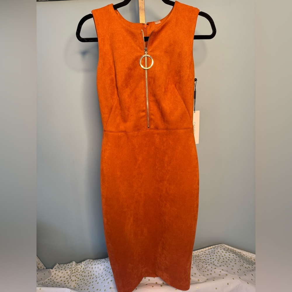 NWT Calvin Klein Orange Faux Suede Midi Sleeveless Dress